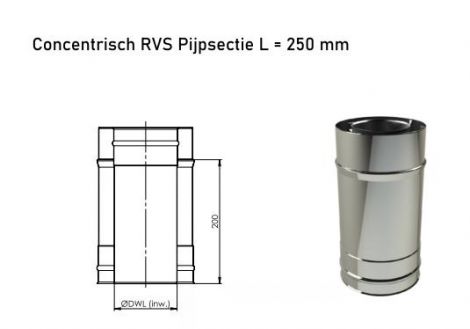 Concentrisch RVS Ø 130/200 mm Pijpsectie L = 250 mm 