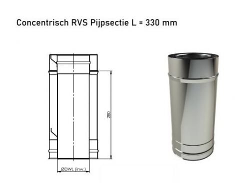 Concentrisch RVS Ø 130/200 mm Pijpsectie L = 330 mm 