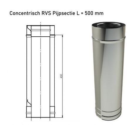 Concentrisch RVS Ø 100/150 mm Pijpsectie L = 500 mm