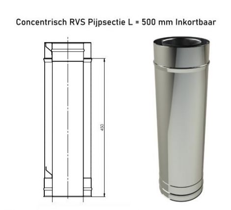 Concentrisch RVS Ø 130/200 mm Pijpsectie L = 500 mm Inkortbaar 