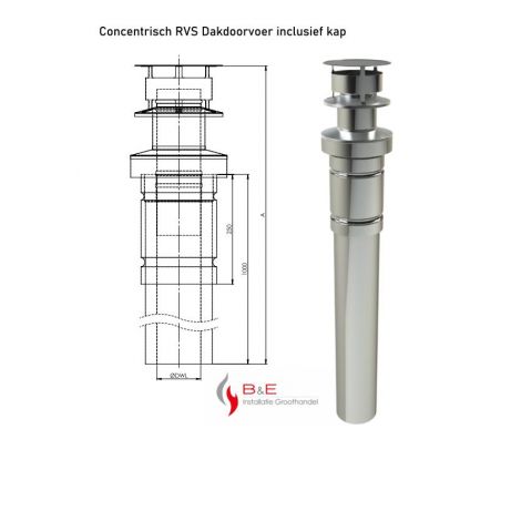 Concentrisch RVS Ø 100/150 mm Dakdoorvoer inclusief kap